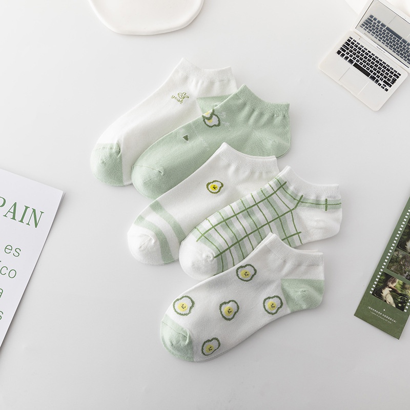 Combo 5 đôi tất vớ nữ cổ thấp cotton hoạ tiết trái bơ xanh lá cây cute