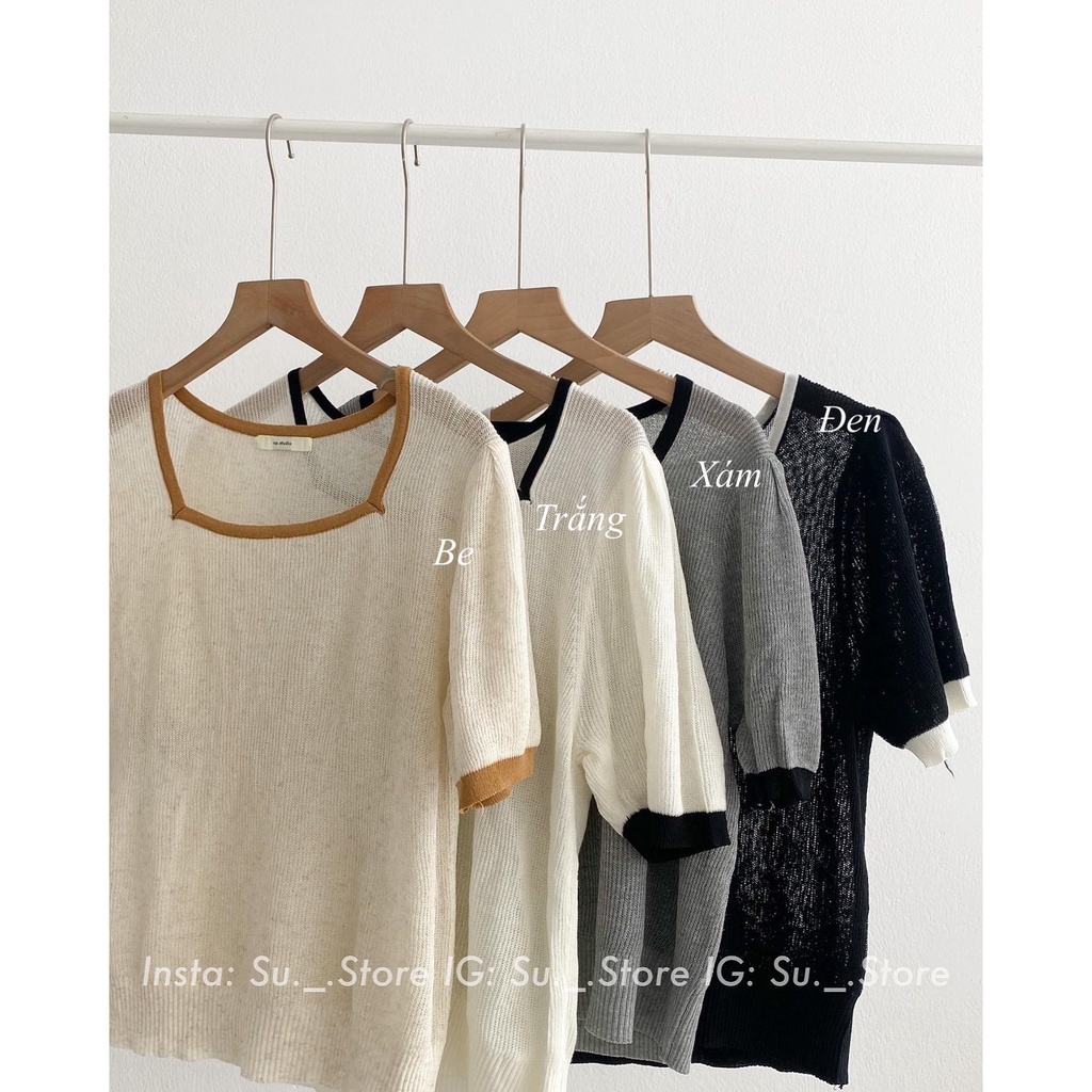 Áo len mongtoghi cộc tay cổ vuông pha viền A2385 SUSTORE