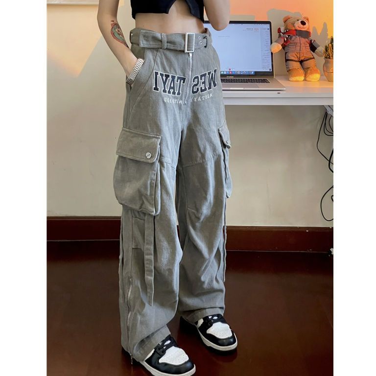 Quần Yếm Jean Lưng Cao Ống Rộng Phối Túi Lớn Phong Cách Retro Mỹ Cá Tính