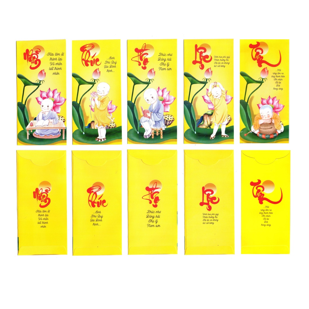 【Bao Lì Xì Màu Vàng XẤP 50 BAO】Bao lixi chú tiểu màu vàng PHÚC LỘC THỌ TÂM NHÃN