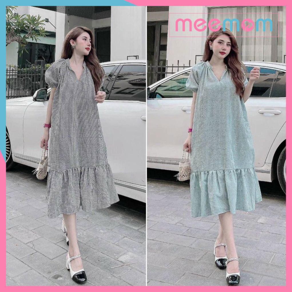 Váy bầu mùa hè kẻ caro suông công sở chất đũi xốp cổ tròn tàu đuôi cá phong cách sang chảnh thời trang nữ Meemom BN5