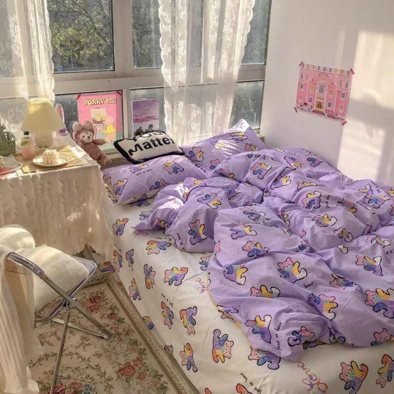 [RẺ VÔ ĐỊCH] Bộ chăn ga gối drap giường cotton poly họa tiết gấu tím trắng