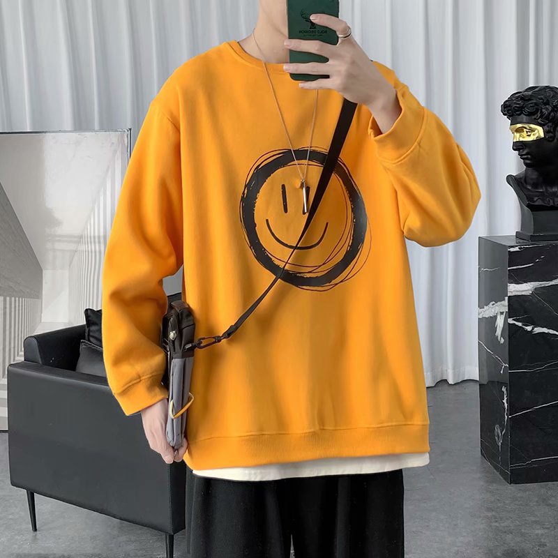 Áo sweater tay dài dáng rộng cổ tròn hình mặt cười thời trang thu đông trẻ trung cho nam