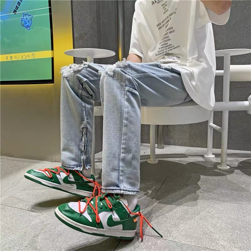 Quần jean rách caro streetwear ống suông zipper Quixotic