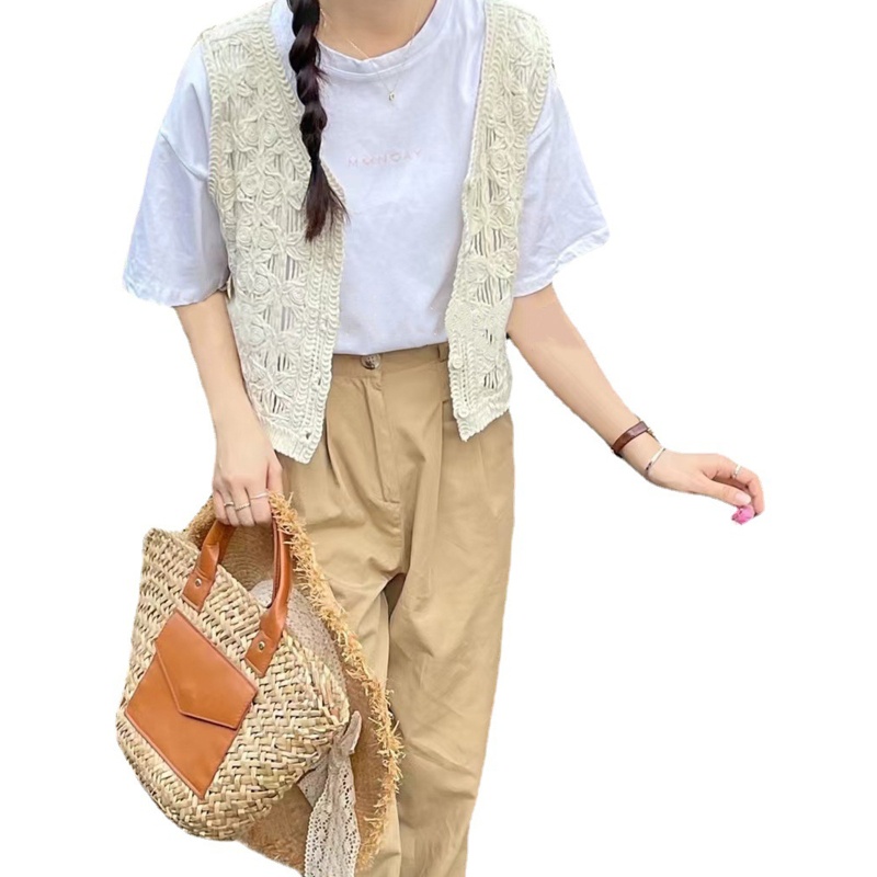 Brroa Áo Khoác Cardigan Dệt Kim Không Tay Cài Nút Họa Tiết Hoa Rỗng Phối Ren Cho Nữ