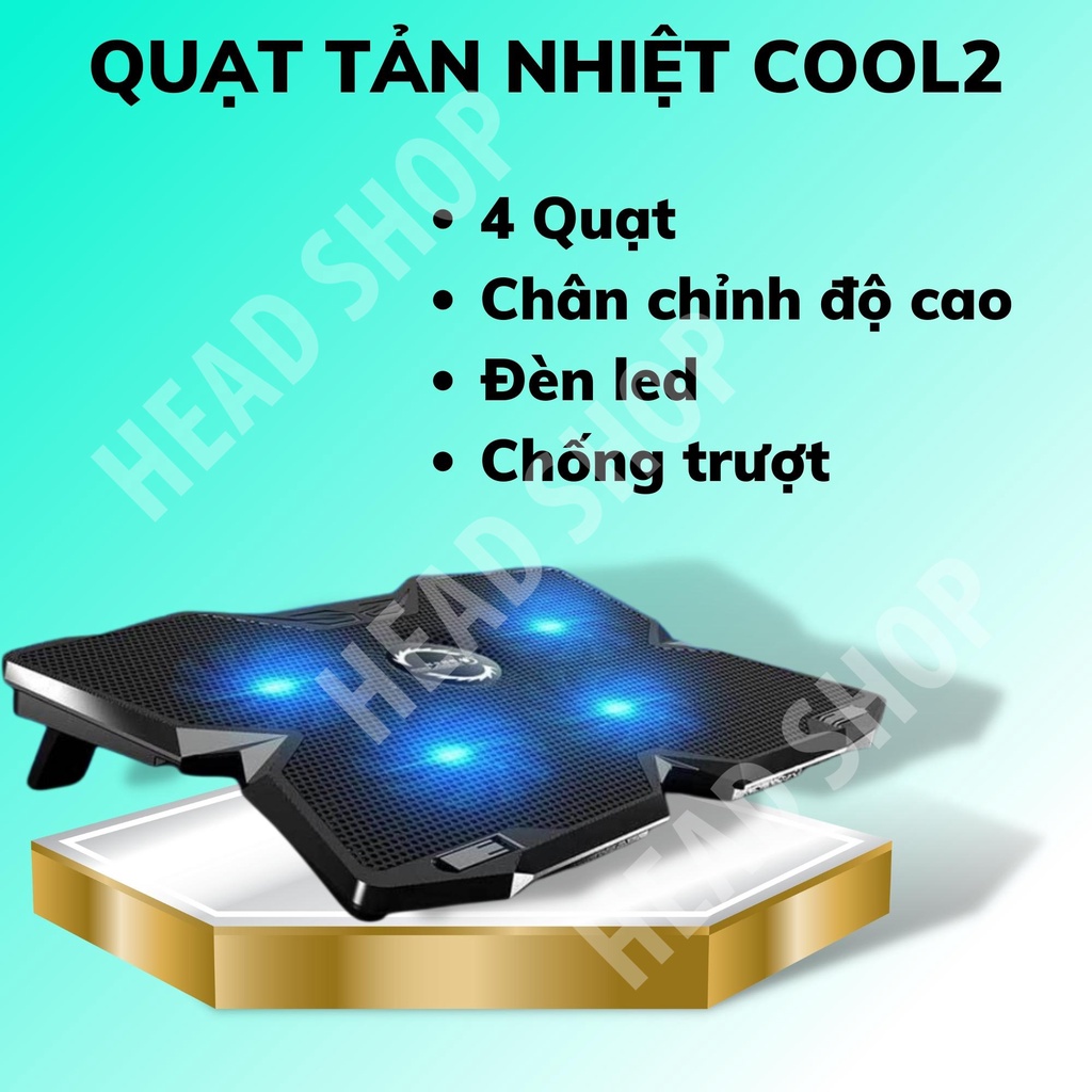 Đế Tản Nhiệt Quạt tản nhiệt Laptop Cool 2 có 4 Quạt, Đèn Led, Đế Nâng 17 Inch Trở Xuống HEAD SHOP