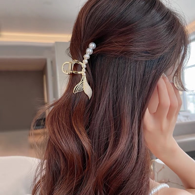 Kẹp Tóc Kim Loại Màu Vàng Đính Ngọc Trai Sang Trọng Thời Trang