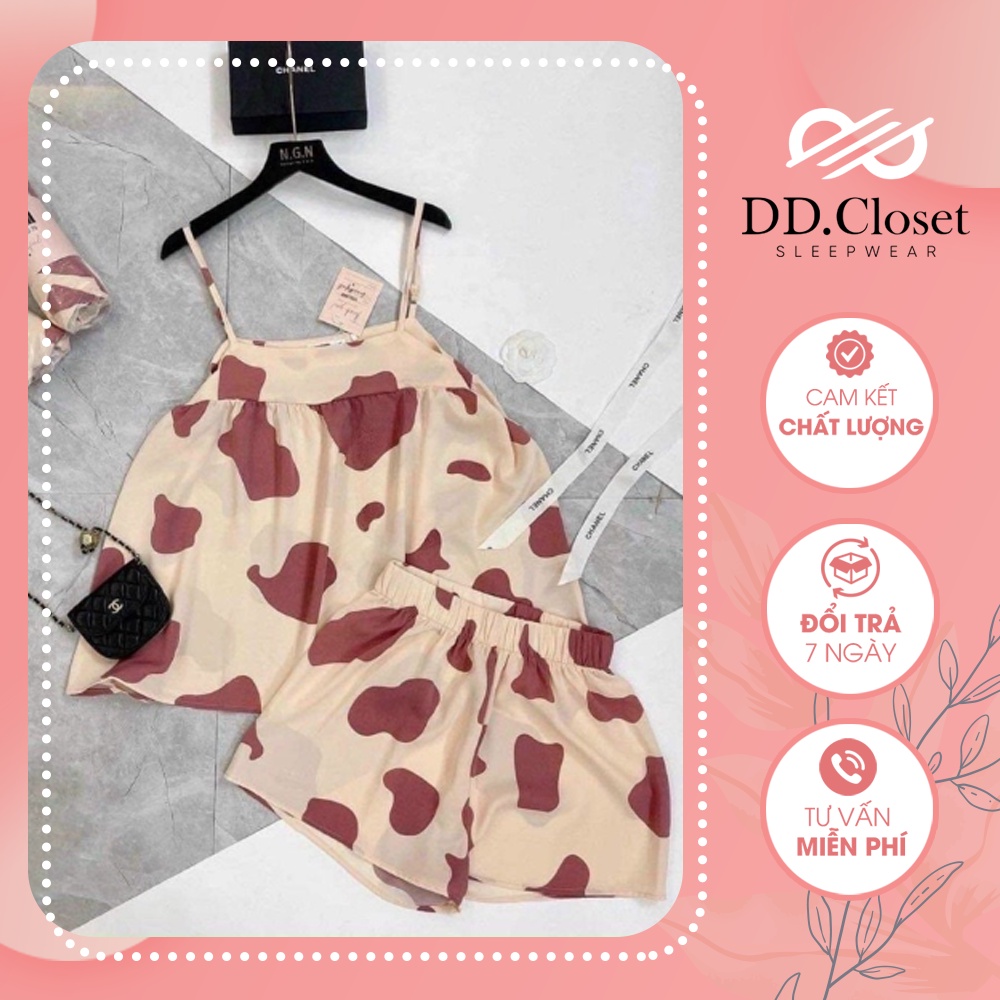 Bộ đồ ngủ hai dây mùa hè chất Kate Thái màu da họa tiết bò sữa - CD005