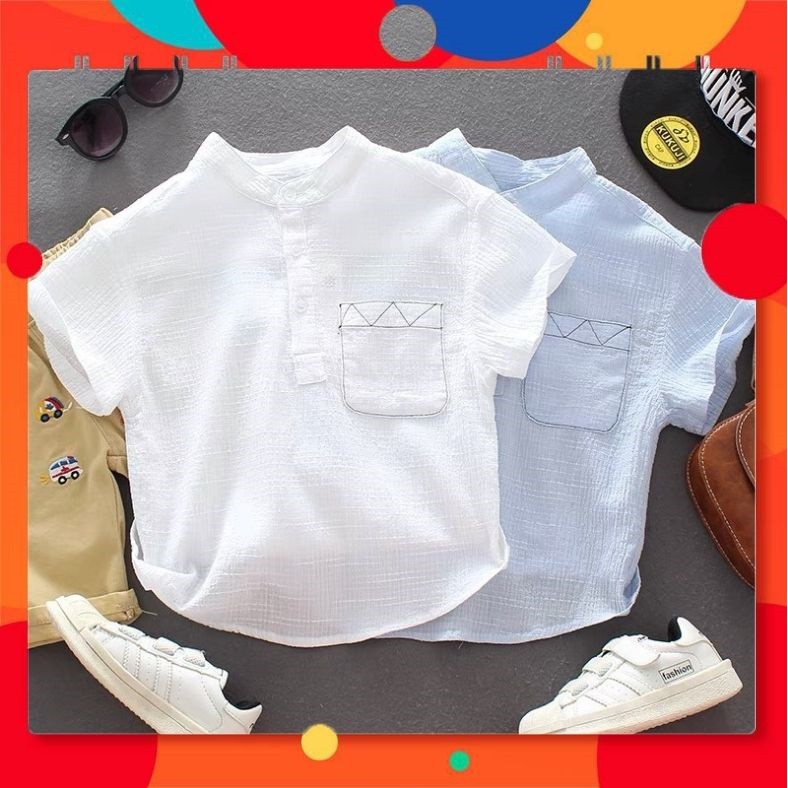 Áo sơ mi trắng bé trai 2-8 tuổi cổ tàu Tommy, Áo cộc tay cho bé vải đũi nhẹ mát