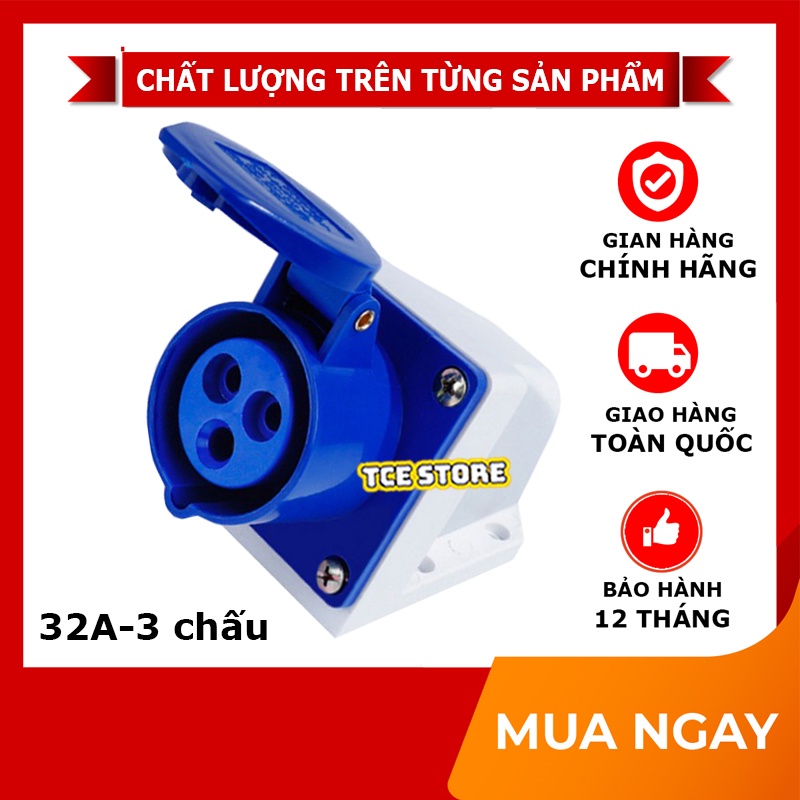 Ổ cắm công nghiệp 3 chấu 1 pha 32A gắn tườngchống nước chịu tải cao cấp
