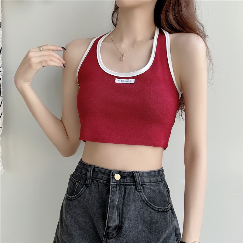 Áo croptop cổ yếm hở lưng phối viền đen trắng basic ôm body chất dệt kim cao cấp -ACN28