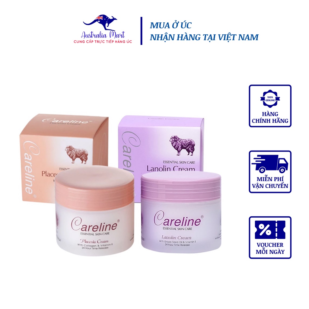 Kem dưỡng ẩm mỡ cừu (tím), nhau thai cừu (cam) Careline Lanolin/Placenta Cream, Úc (100ml) cho mọi lứa tuổi