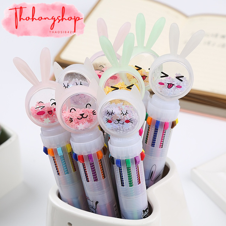 Bút bi bấm 10 màu nhũ chảy đầu hình thỏ xinh