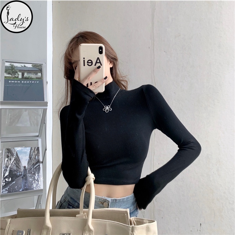 Áo croptop cổ lọ tay dài ôm gọn dáng chất thun co giãn phong cách Hàn Quốc, áo croptop siêu xinh xắn