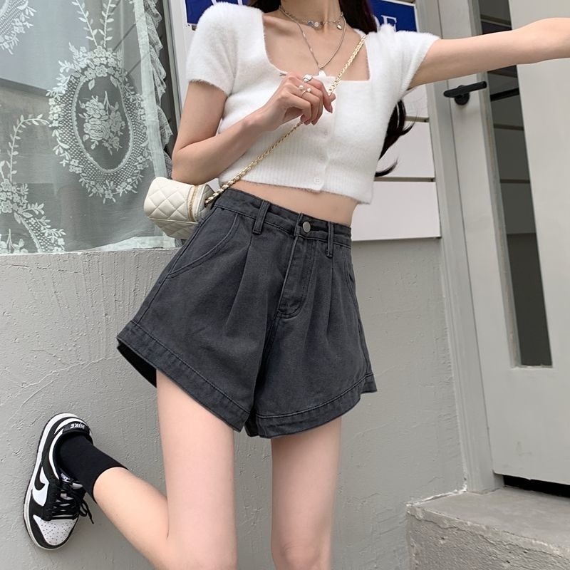 Quần Short Denim Ống Rộng Lưng Cao Màu Đen