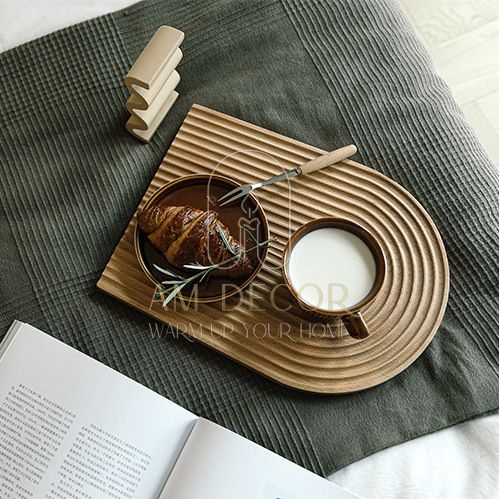 Khay gỗ sồi lượn sóng, khay trà chiều Bắc Âu decor trang trí phòng bếp sang trọng - AM Decor