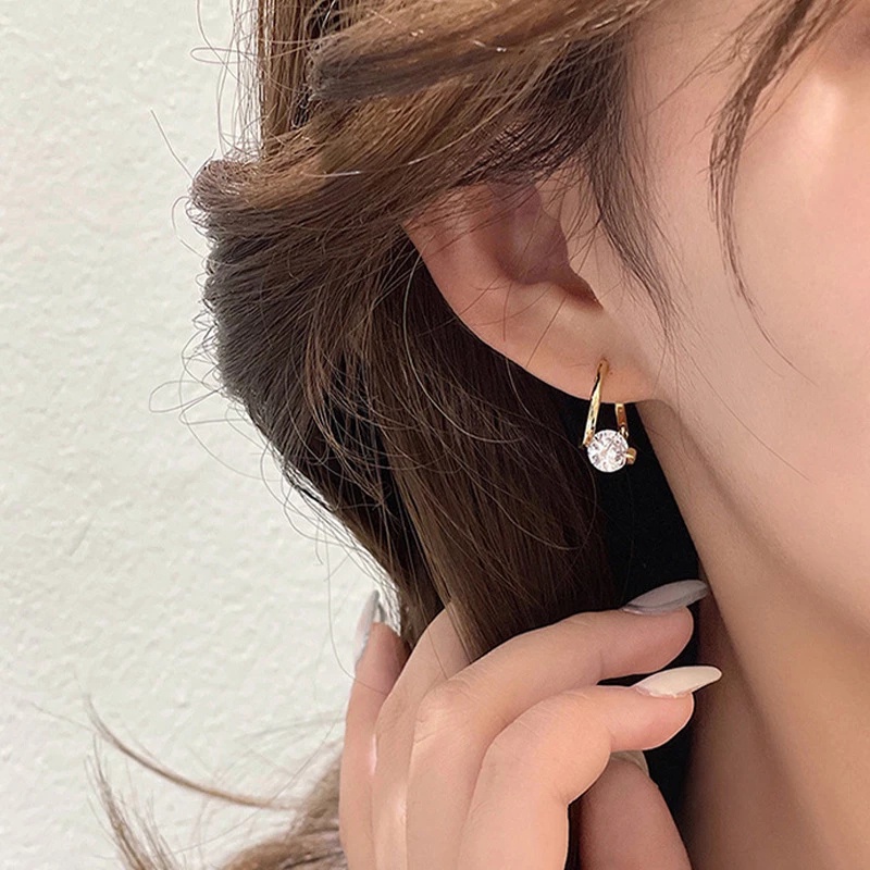 Khuyên Tai Đính Đá Zircon Màu Bạc Phong Cách Thanh Lịch Thời Trang Hàn Quốc
