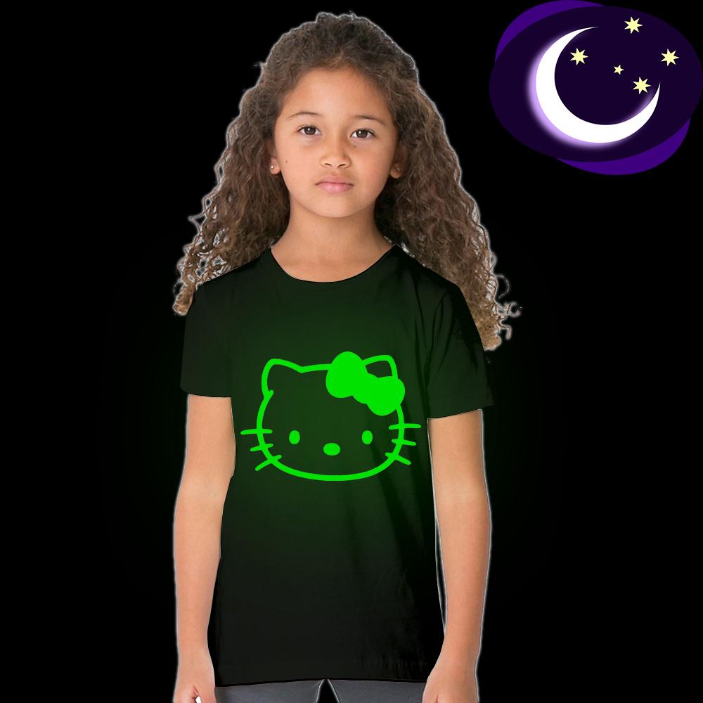Dạ quang Hello Kitty Kid Girl Áo thun phát sáng trong bóng tối Thời trang công chúa dự tiệc
