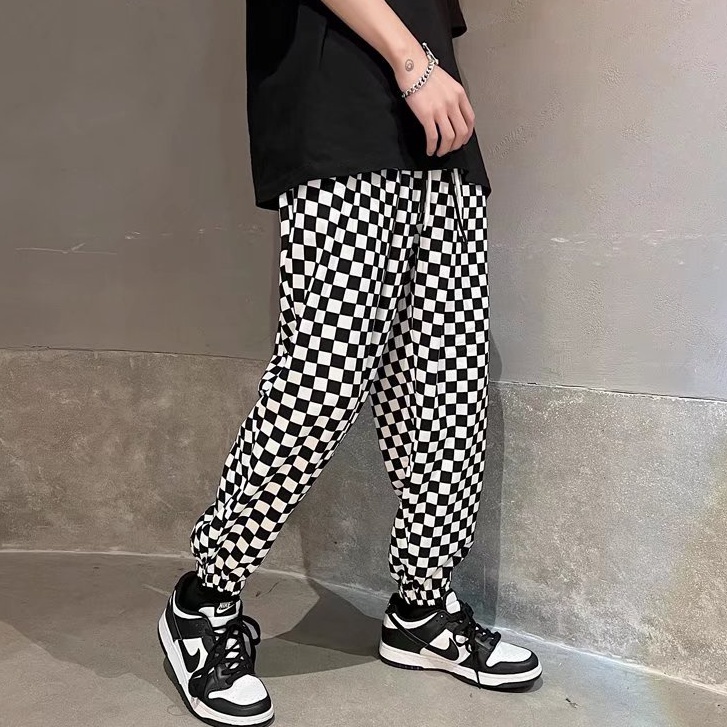 Quần ống rộng Sọc Caro Trắng Đen Thời Trang Nam Tính