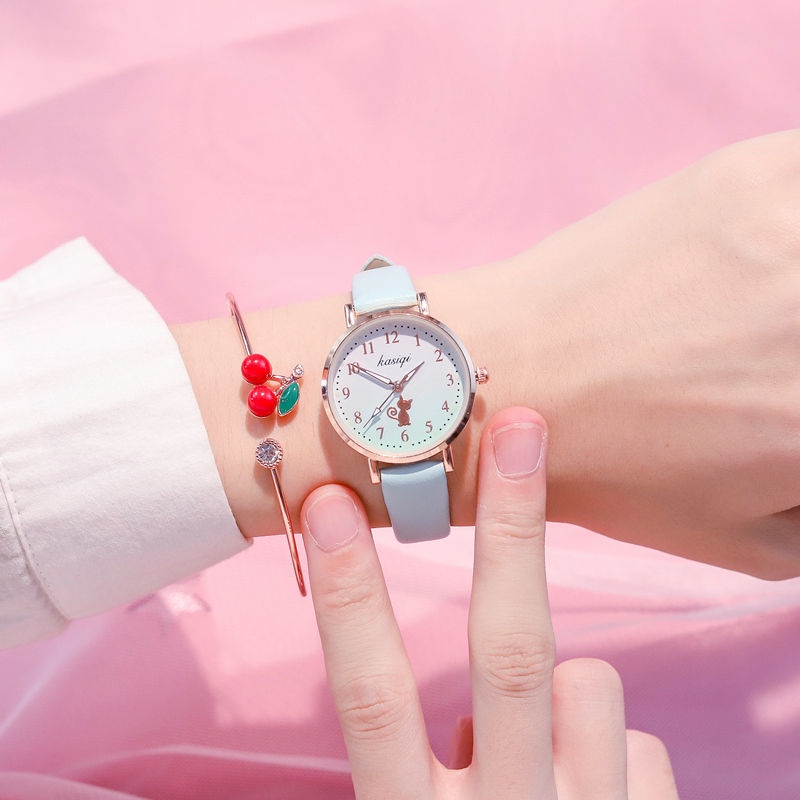 Đồng hồ dạ quang chống nước kiểu hoạt hình đáng yêu thời trang cho nữ sinh (hộp đựng và vòng tay cherry là tùy lựa chọn)
