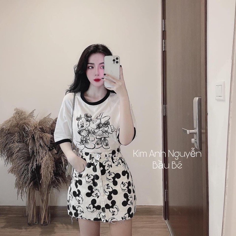 Set áo phông mickey, chân váy chữ A
