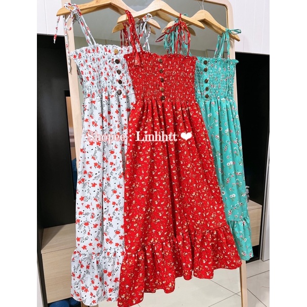VÁY 2 DÂY HOA NHÚN NGỰC VÁY MAXI DÁNG DÀI FREESIZE