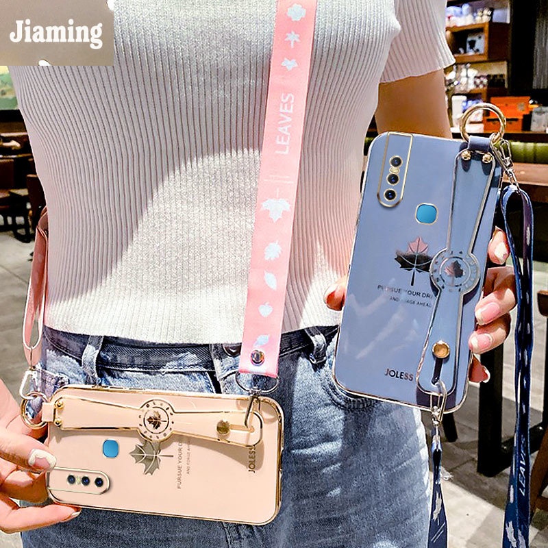 Ốp Điện Thoại Họa Tiết Lá Phong Viền Thẳng Mạ Điện Kèm Dây Đeo Và Vòng Tay Cho Vivo V15