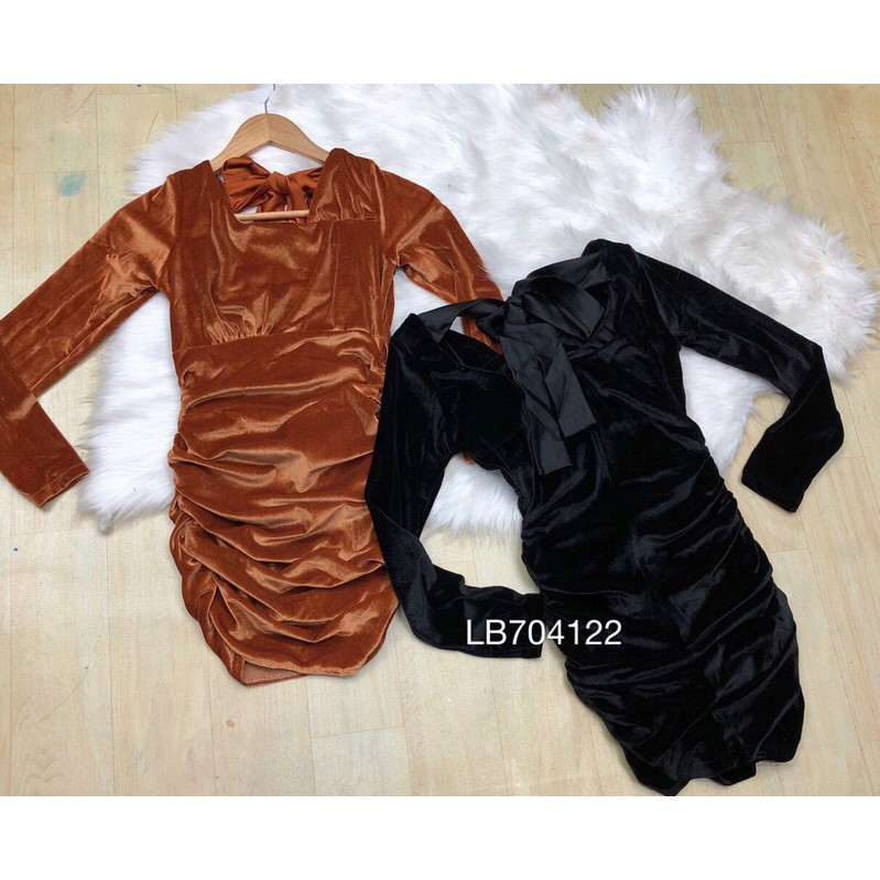 Đầm body nhung nhúng cột nơ lưng tay dài