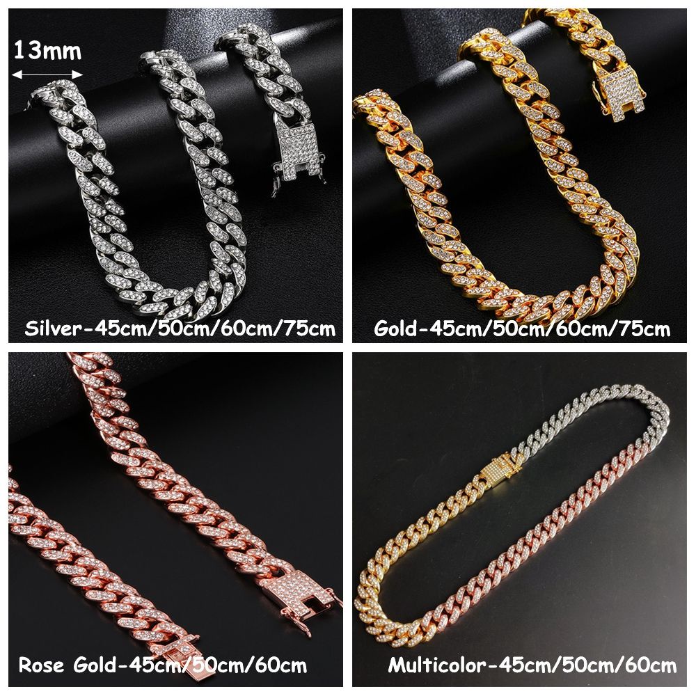 Vòng cổ chuỗi xích 12mm đính kim cương phong cách hiphop sang trọng cho nam và nữ tùy chọn màu sắc