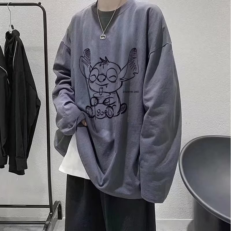 Áo Thun Tay Dài Cổ Tròn Dáng Rộng In Họa Tiết Hoạt Hình Phong Cách Hip Hop Nhật Bản Thời Trang Cho Nam size M-5XL