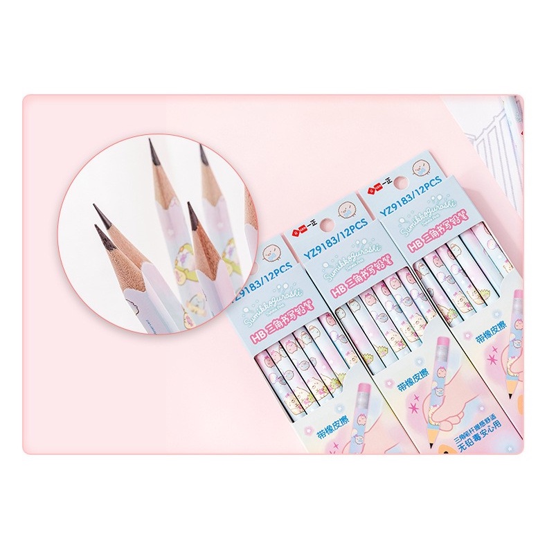 Bút Chì Tam Giác In Hình Dễ Thương- Hộp 12 Bút- Bút Chì Kèm Gôm Tẩy Cho Học Sinh, Sinh Viên