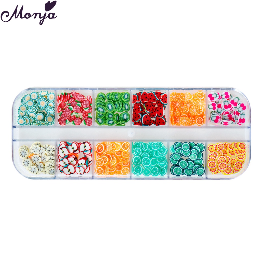 Monja Hộp phụ kiện trang trí móng tay 12 ô hình trái cây 3D DIY dễ thương