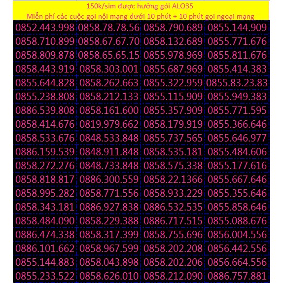 SIM SỐ ĐẸP VINA GÓI ALO35 LIST 1 – MIỄN PHÍ GỌI NỘI MẠNG 10 PHÚT/NGÀY