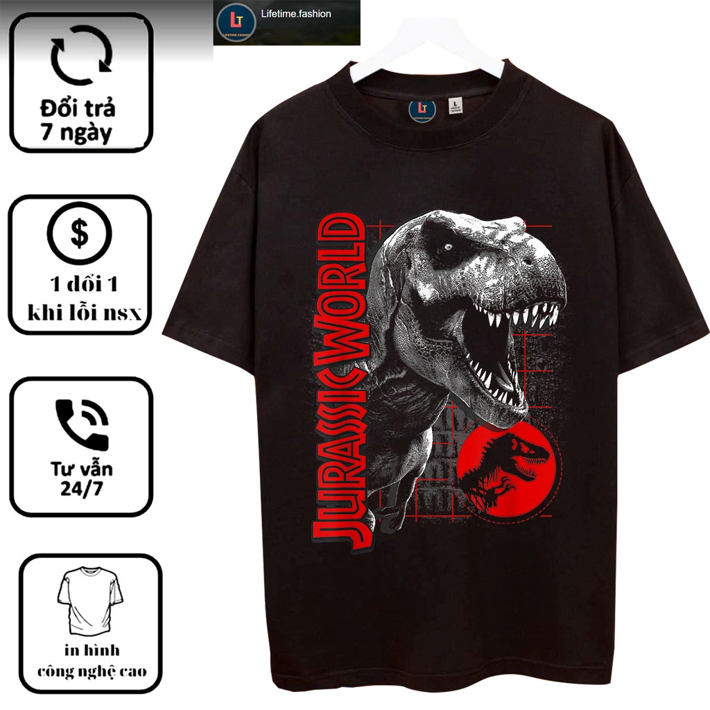 Áo thun nam nữ ngắn tay cotton unisex Lifetime in hình Jurassic World T-Rex Grid Background Logo Graphic