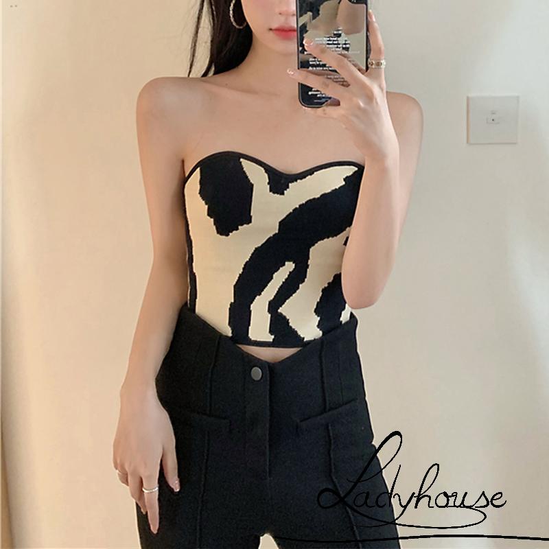 Áo ống croptop không dây cổ thuyền in họa tiết bò sữa thời trang mùa hè quyến rũ cho nữ