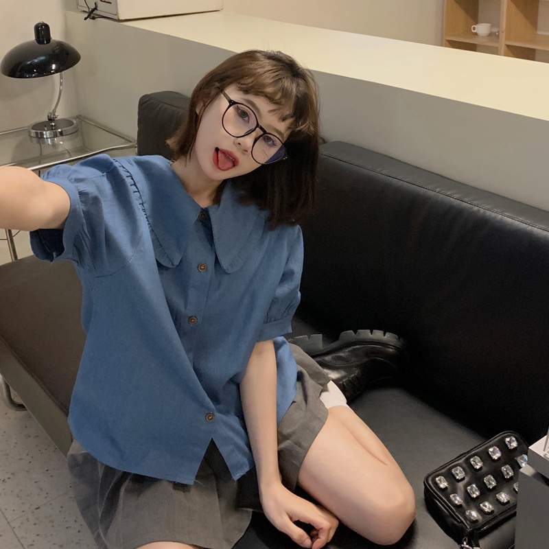 Áo sơ mi SUXI tay ngắn cổ búp bê màu trơn đơn giản dễ phối đồ thời trang mùa hè cho nữ