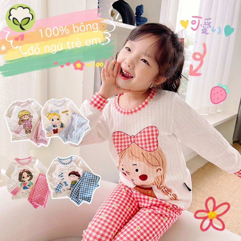 Bộ đồ ngủ 100% Cotton in họa tiết dễ thương cho bé gái 90-150cm
