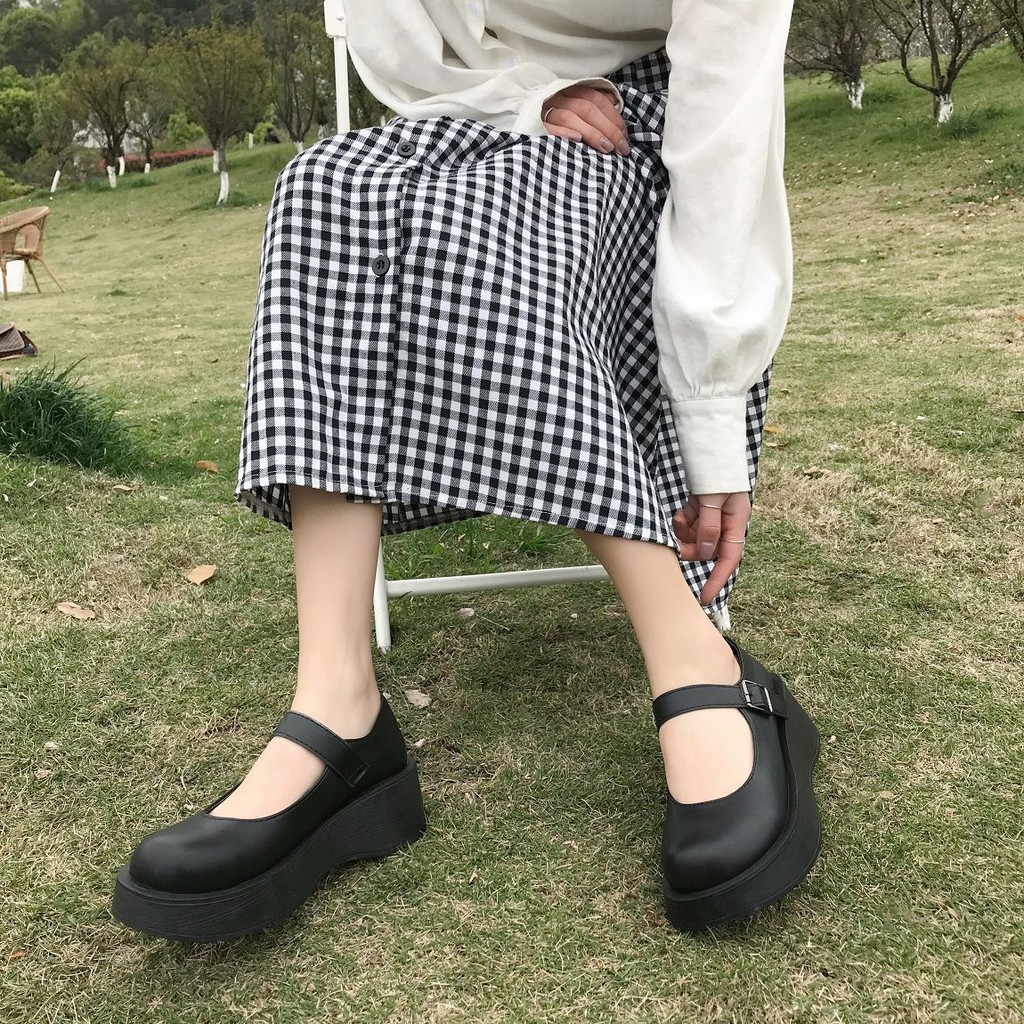 Giày Mary Janes mũi tròn phong cách retro đế xuồng mã K018