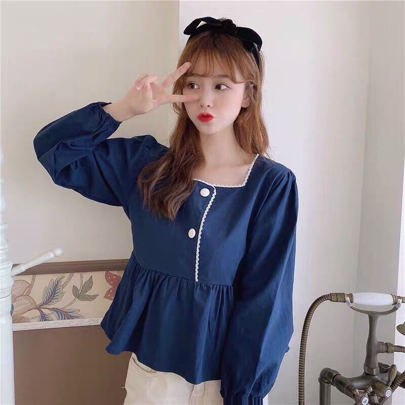 Áo kiểu babydoll voan lụa mịn mát Trắng-xanh đen