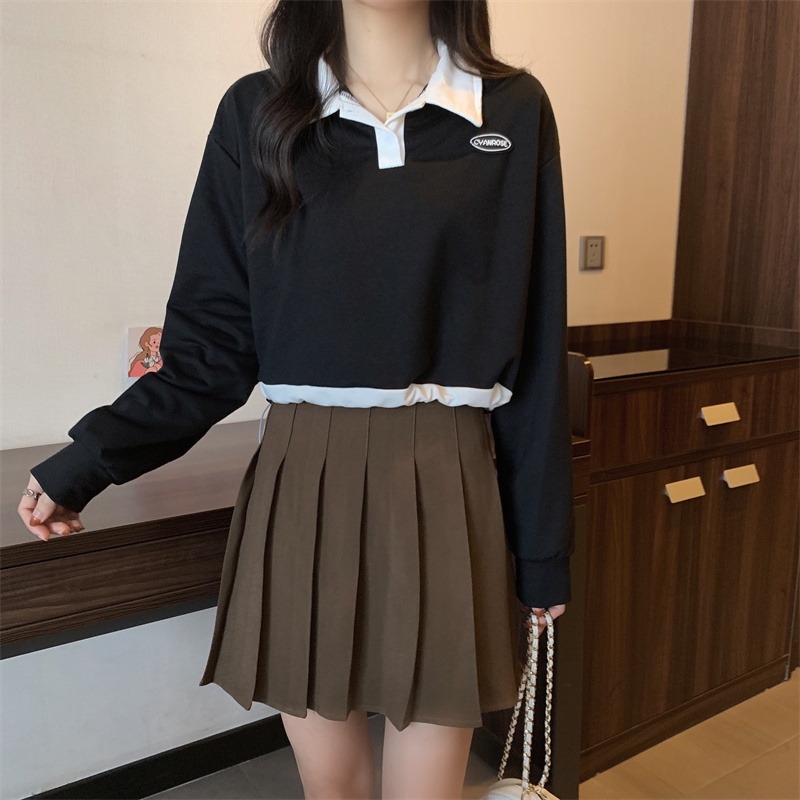 【ZHELIHANGFEI】Áo Thun Dài Tay Cổ Bẻ Phối Dây Rút Eo Cao Thời Trang