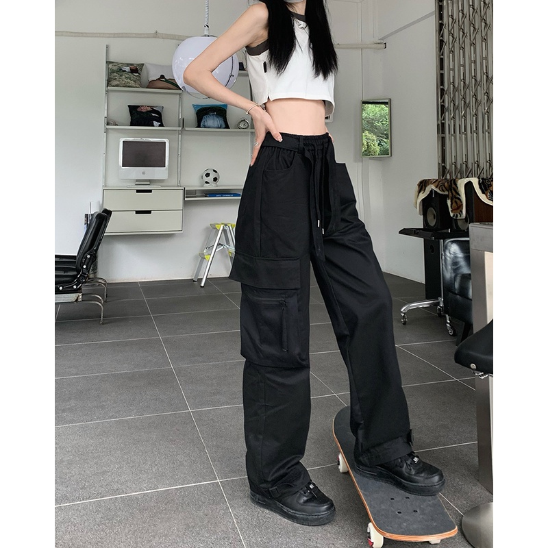 Quần Dài Lưng Cao Dáng Rộng Nhiều Túi Thời Trang Mùa Hè Cho Nữ