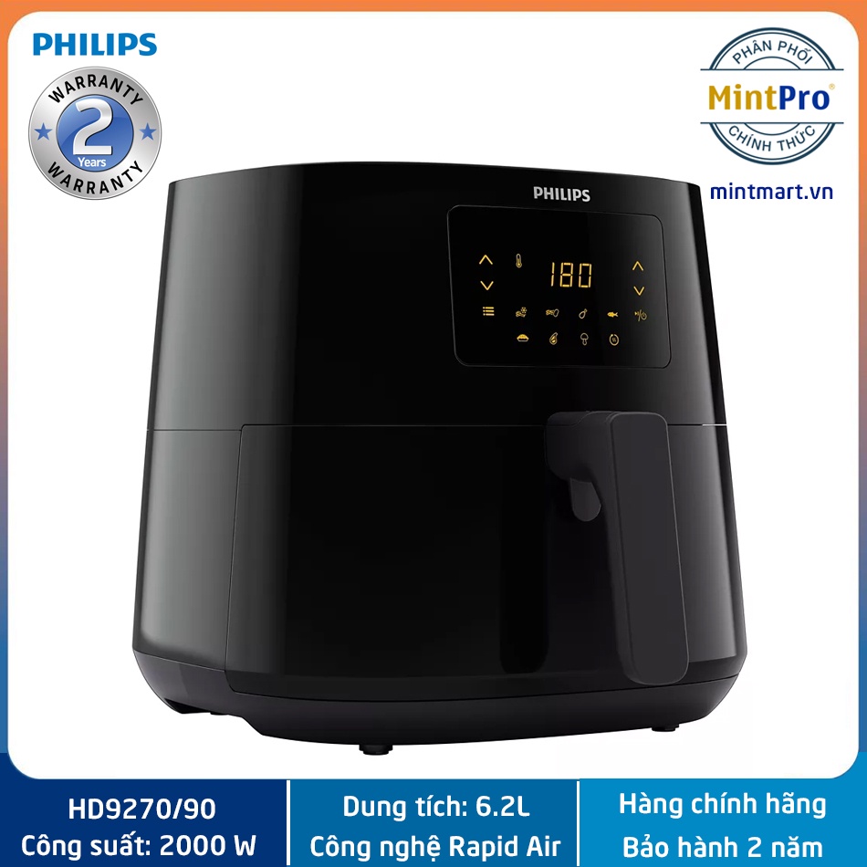 Nồi Chiên Không Dầu Philips HD9270/90 - Lòng nồi 6.2L, công suất 2000W - Hàng chính hãng - Bảo hành 2 năm