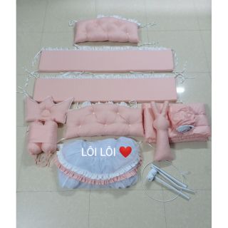 Combo quây cũi, chăn, ga, gối chặn, gối lõm, thỏ ôm, màn + khung treo màn