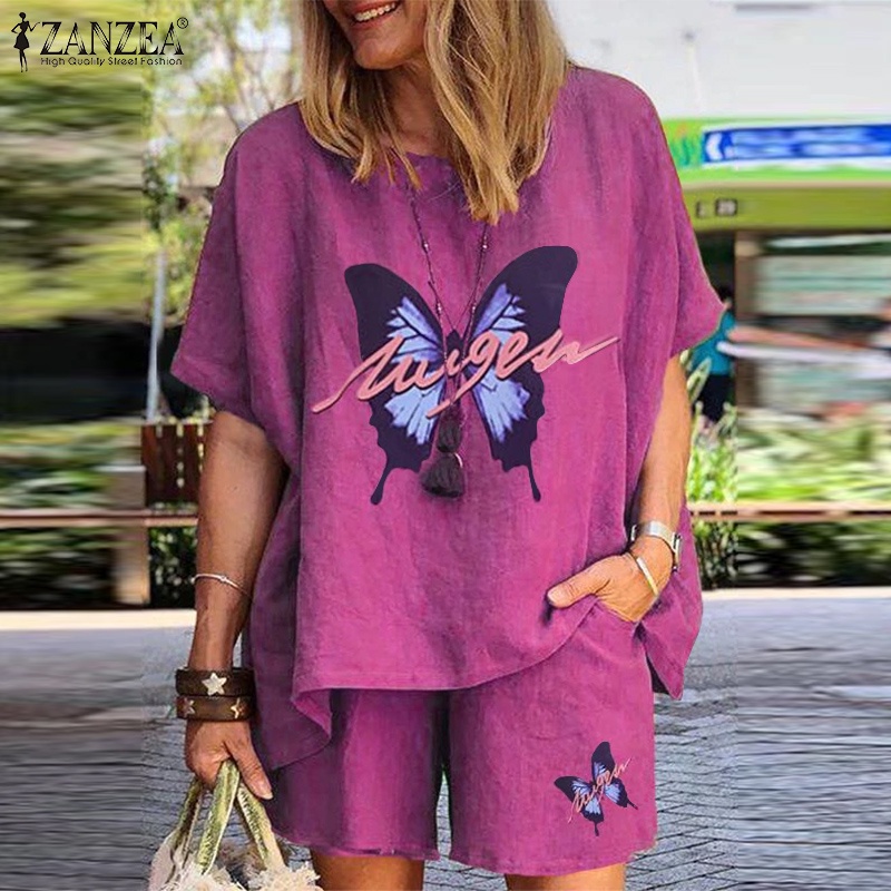 Set đồ hai món ZANZEA gồm áo thun tay ngắn kèm quần short chất liệu cotton thời trang cho nữ