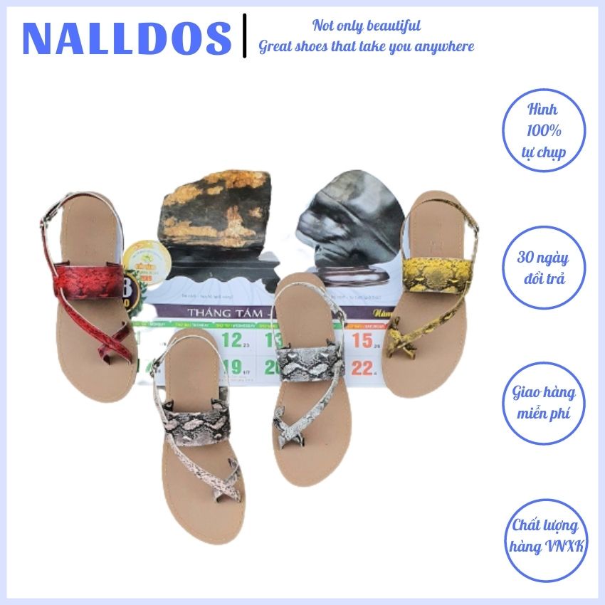 Sandal xỏ ngón NALLDOS Sandal nữ quai chéo da rắn đế bằng thời trang trẻ trung có 4 màu ( Đen, Kem, Vàng, Đỏ