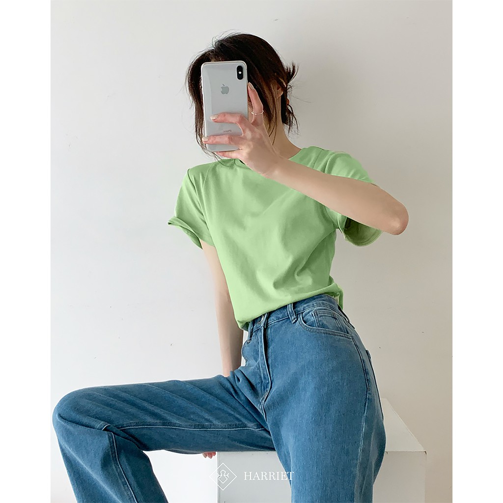 Áo phông nữ cổ tròn màu xanh chất liệu cotton mềm mại thấm hút mồ hôi Harriet