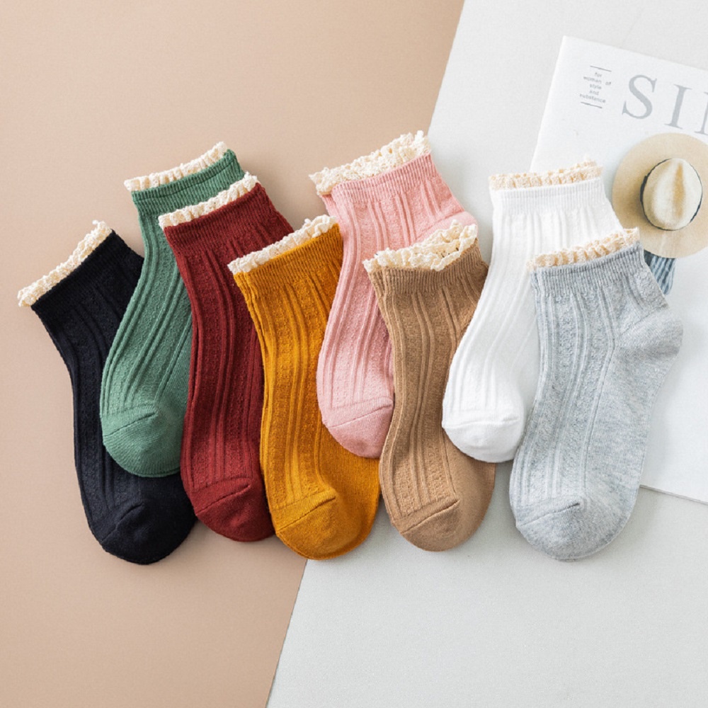 Vớ Cotton Cổ Thấp Màu Trơn Phối Ren Nhún Bèo Phong Cách Harajuku Thời Trang Cho Nữ
