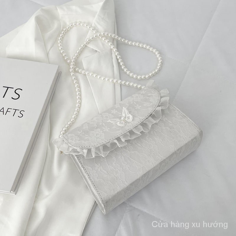 Túi đeo chéo vai hình vuông nhỏ phối ren và ngọc trai nhân tạo phong cách Nhật Bản thời trang 2022 cho bạn nữ