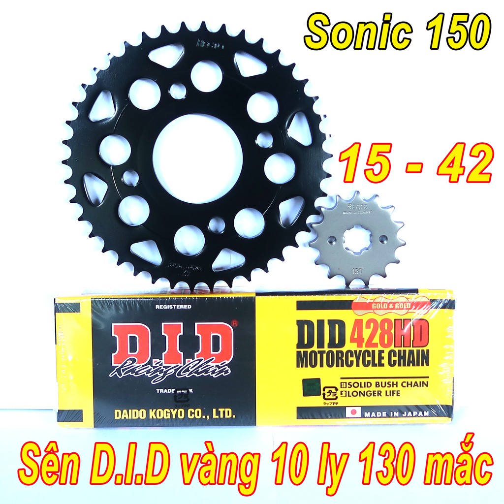 Nhông dĩa RECTO 15 - 42, Sên DID vàng 10 ly 130 mắc cho Honda Sonic 150