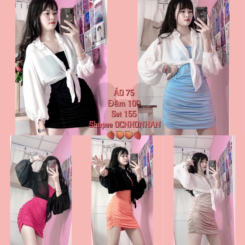 Set áo voan cột eo + đầm body 2 dây nhún